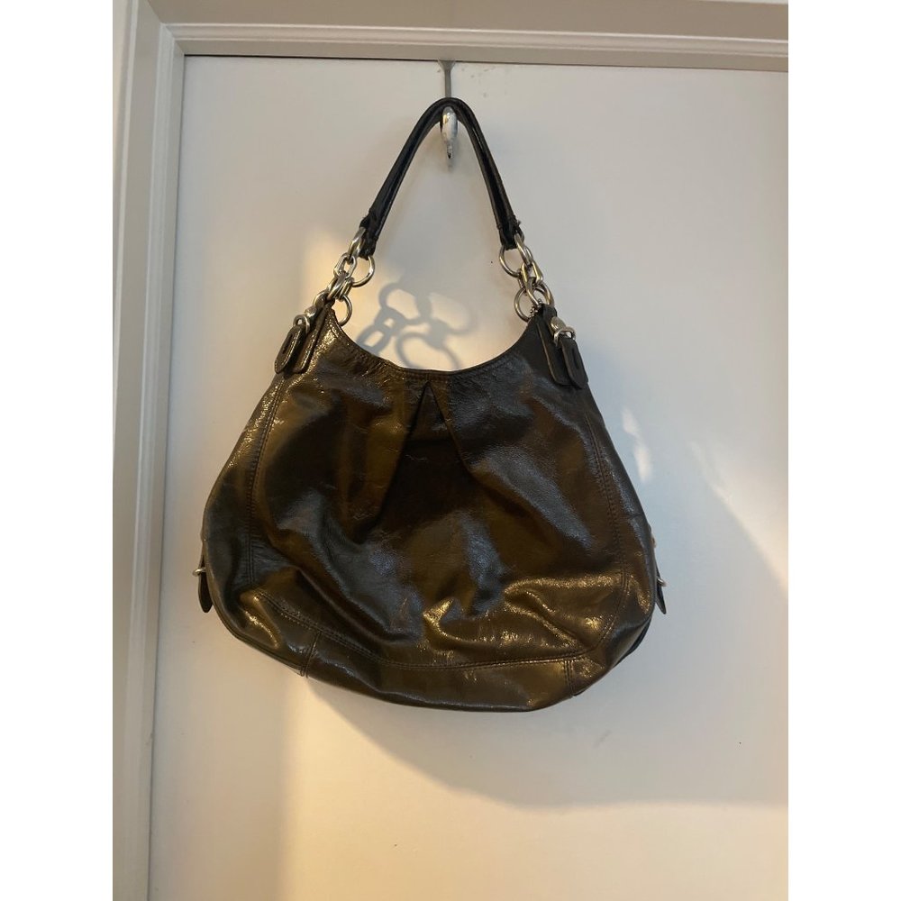 Coach Black patent Leather Handbags with Three Compartments /Pleated Front/Silve